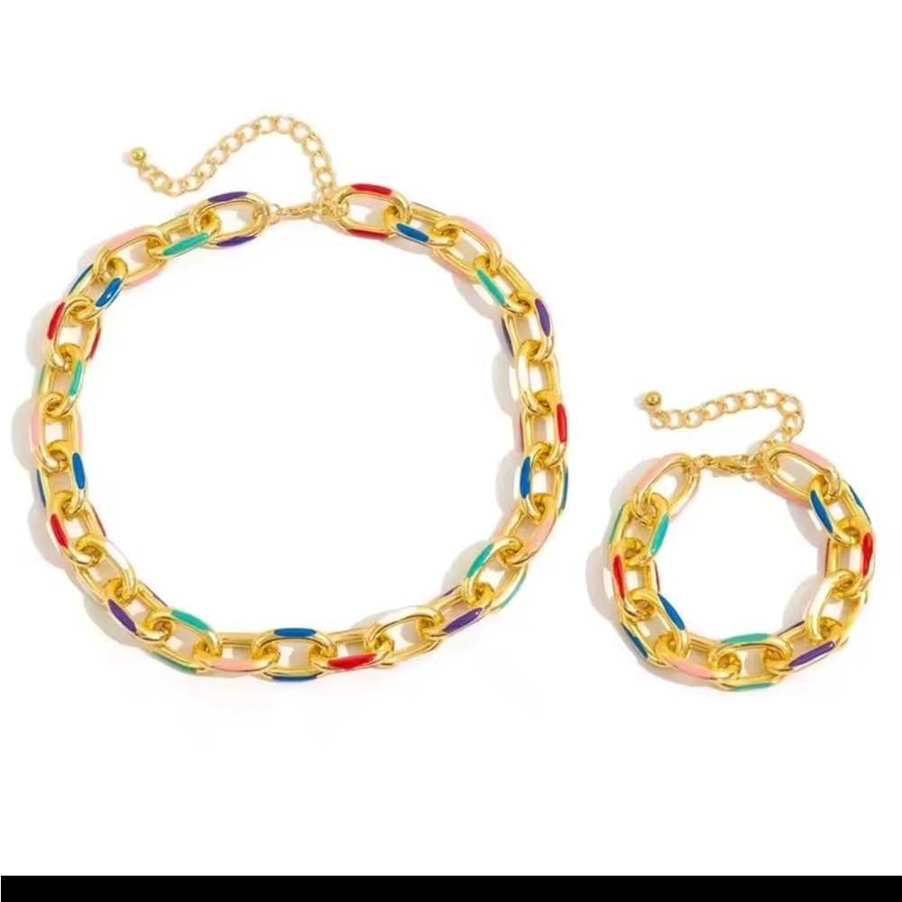Colorful Gold Chain Necklace And Bracelet Set